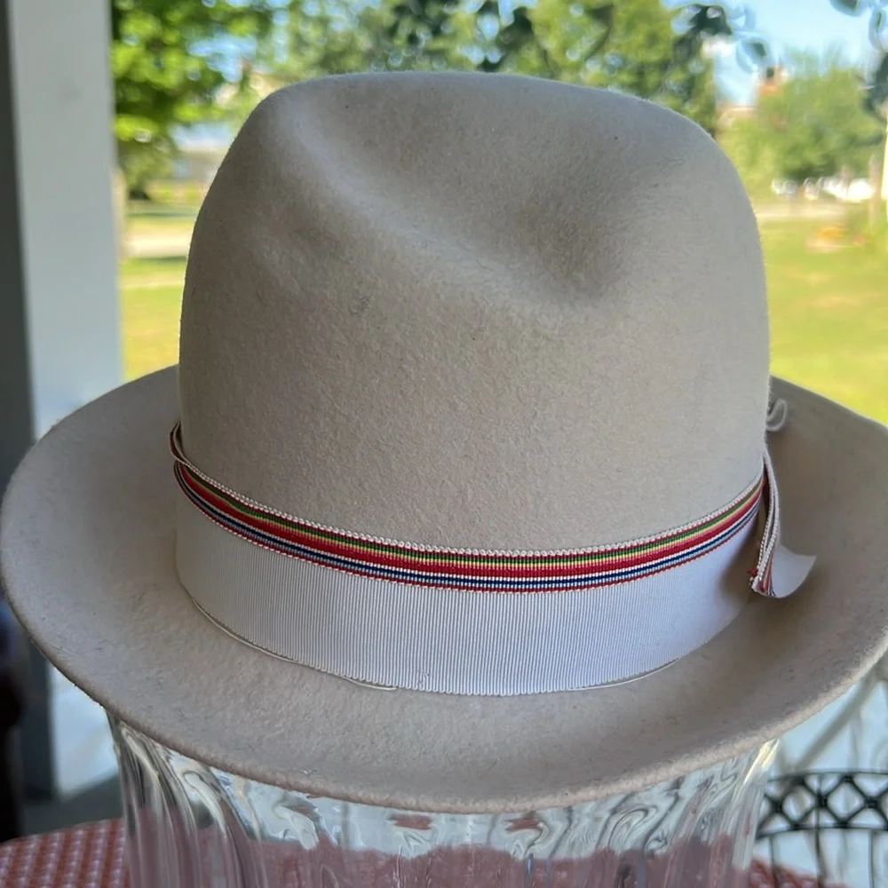 VTG Cream Wool Fedora Hat with Ribbon Band - Geo W Bollman